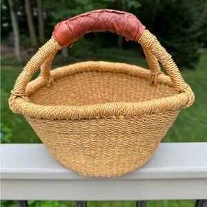 African Ghana Bolga Handcrafted Basket with Wrapped Leather Handles 9”-11”